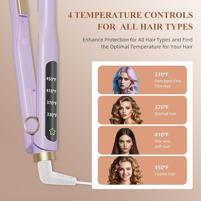 Small Flat Iron, 1/2 Inch Flat Iron for Short Hair Straightener and Curler 2 in 1, Ceramic Ionic Floating Plates for Less Frizz, 10s Quick Heat Up, Straightener for All Hair Types(Purple)
