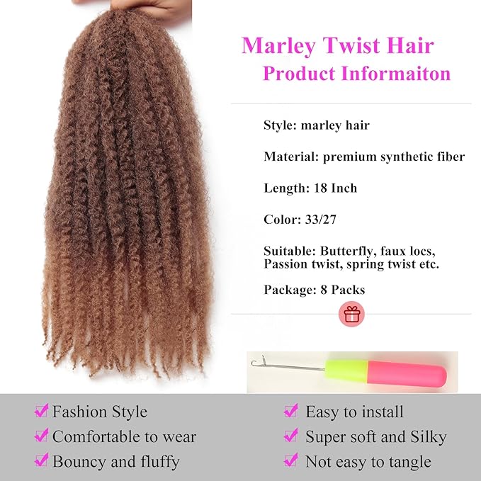 Marley Twist Braiding Hair 18 Inch 8 Packs โ Long-Lasting Marley Hair, Fluffy&Tangle-Free Cuban Twist Hair for Braiding, Natural Look Synthetic Spring Afro Kinky Twist Hair Extensions (33/27)