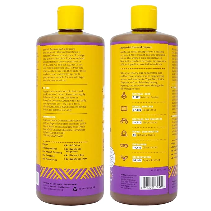 Alaffia Authentic African Black Soap, Wild Lavender, 2-Pack – All-in-One Moisturizing Cleanser for Face, Hands, Body & Hair, 32 Oz Ea
