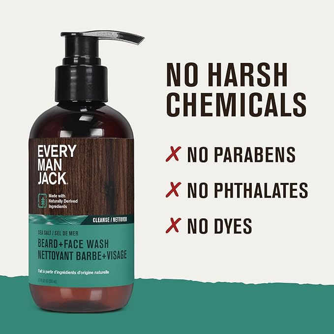 Every Man Jack Beard + Face Wash - Subtle Sea Salt Fragrance - Deep Cleans, Conditions, and Softens Your Beard and Skin Underneath - Naturally Derived with Coconut Oil, Glycerin, and Coconut - 6.7-fl oz (2 Pack)