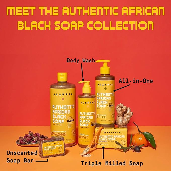Alaffia Authentic African Black Soap, Hemp Olive Leaf – All-in-One Moisturizing Cleanser for Face, Hands, Body & Hair, 32 Oz