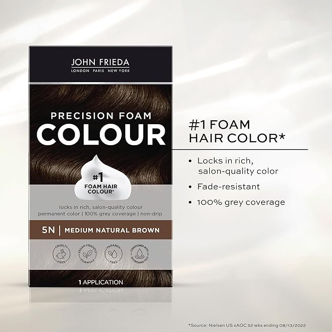 John Frieda Precision Foam Colour, Medium Natural Brown 5N, Full-coverage Hair Color Kit, Anti-Fade Gray Coverage, Deep Color Saturation Hair Dye, 1 Application