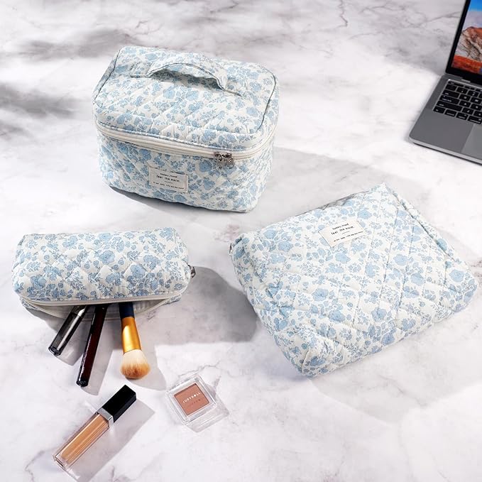 Makeup Bag, 3 Pcs Cotton Floral Quilted Makeup Bag Set, Large Toiletry Travel Cosmetic Bag for Women