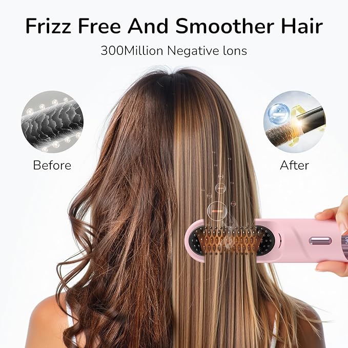 Cordless Hair Straightener Brush 300 Million Negative Ionic Portable Hair Straightener Comb for Women with 4 Temps Fast Heating MCH Ceramic Coating Smooth Frizz - Free Hair Pink