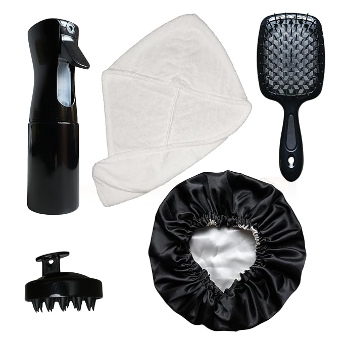 Curly Hair Essentials Set - Mist Spray Bottle For Styling, Detangler Brush, Scalp Massager For Hair Growth, Silicone Scrubber, Turban Towel For Women, Microfiber Wrap, Satin Sleeping Bonnet
