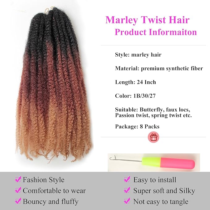 Marley Twist Braiding Hair 24 Inch 8 Packs โ Long-Lasting Marley Hair, Fluffy&Tangle-Free Cuban Twist Hair for Braiding, Natural Look Synthetic Spring Afro Kinky Twist Hair Extensions (T1B/30/27)