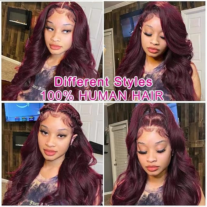 13x4 99J Burgundy Body Wave Lace Front Wig Human Hair 180% Density Wine Red Color Wigs for Women Free Part Hd Transparent Lace Front Wigs Pre Plucked with Baby Hair Colored Glueless Wigs 30 inch