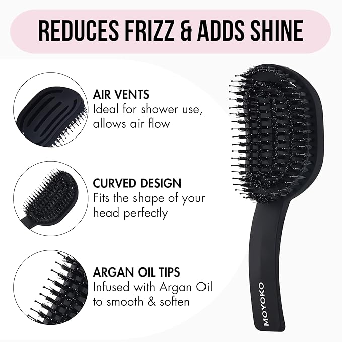 MOYOKO Detangler Brush for Curly Hair, Thick, Straight - Ergonomic Curved Detangling Hair Brush for Women, Girls, Prevents Breakage, Detangle Shower Hairbrush for Wet & Dry Hair (Black)