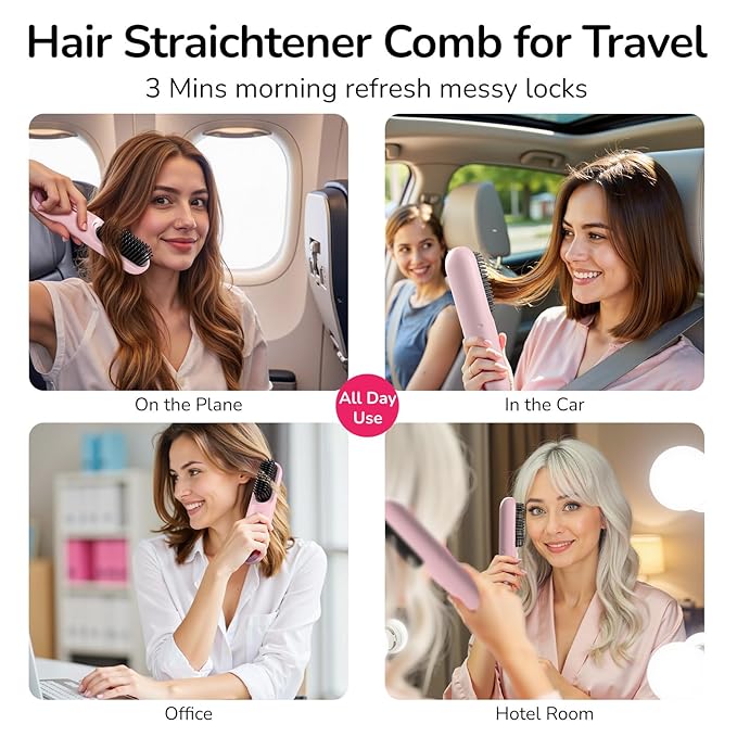 Cordless Hair Straightener Brush 300 Million Negative Ionic Portable Hair Straightener Comb for Women with 4 Temps Fast Heating MCH Ceramic Coating Smooth Frizz - Free Hair Pink