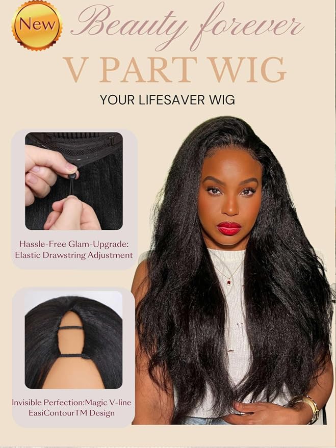 Beauty Forever V Part Wig Human Hair Kinky Straight EasiContour Vpart Wigs Upgrade U Part Wigs Glueless Full Head Clip In V Shape Wigs No Leave Out None Lace Front Wig 150% Density 22inch