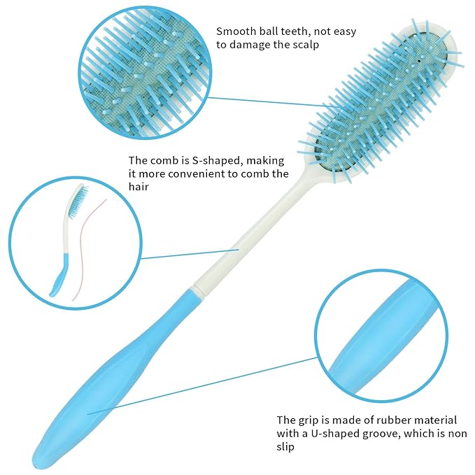 Kesywale Long Reach Handled Comb and Hair Brush Set for Elderly and Hand-Disabled People, Not Need to Lift Hand (Blue)