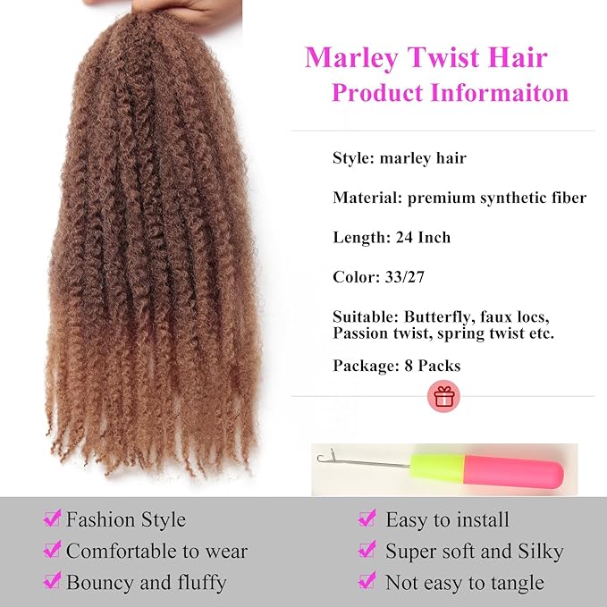 Marley Twist Braiding Hair 24 Inch 8 Packs โ Fluffy&Tangle-Free Cuban Twist Hair for Braiding, Natural Look Synthetic Long-Lasting Spring Afro Kinky Twist Hair Extensions (33/27)