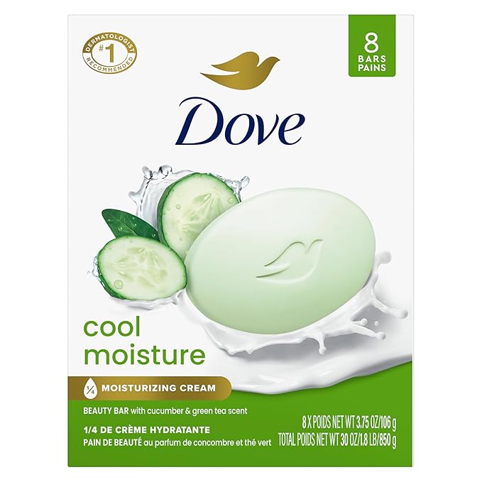 Dove Beauty Bar Soap Cool Moisture Cucumber & Green Tea Scent, 8 Bars for Refreshed Skin, Leaves Skin Refreshed 8 x 3.75 oz