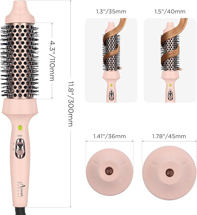 Aima Beauty Hair Curling Iron Brush, 1.5"40mm Ceramic Hot Brush with Ion Technology for Root Volume and Quick Curls - Dual Voltage & 60Mins Auto-Off, Pink