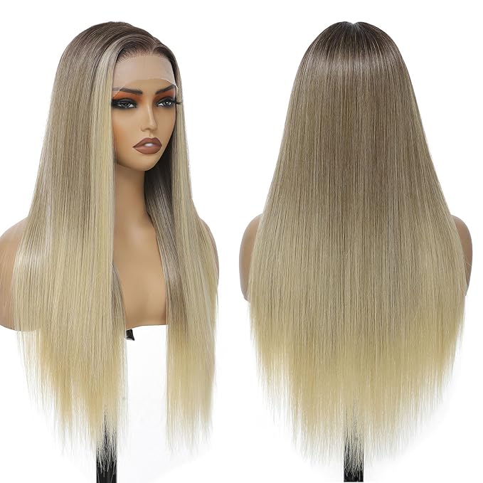 7×5 Ombre Blonde Wear and Go Glueless Wigs Pre Plucked Pre Cut for Beginners Synthetic Lace Front Wigs For Woman 26 Inch Ginger Highlights 3 Seconds to Wear