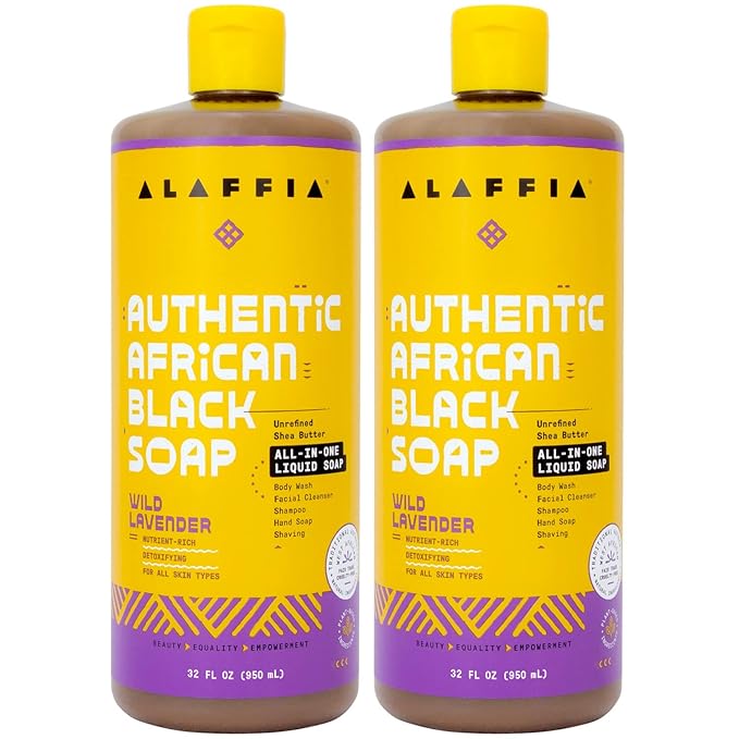 Alaffia Authentic African Black Soap, Wild Lavender, 2-Pack – All-in-One Moisturizing Cleanser for Face, Hands, Body & Hair, 32 Oz Ea