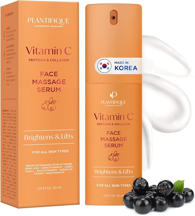 PLANTIFIQUE Korean Vitamin C Face Massage Serum β Hydrating Anti-Aging Collagen & Peptides Formula β Perfect for Gua Sha Facial Massage & Even Skin Tone Glow