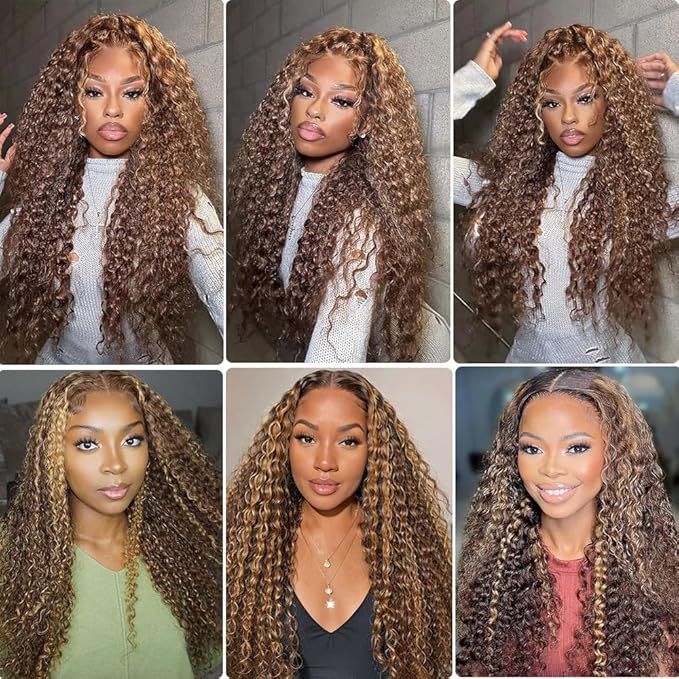5x5 Highlight Water Wave Closure Wigs Human Hair 180% Density Curly Human Hair Wig Pre Plucked 18inch P4/27 Ombre 5x5 HD Lace Closure Wigs for Women(427curly 18inch)