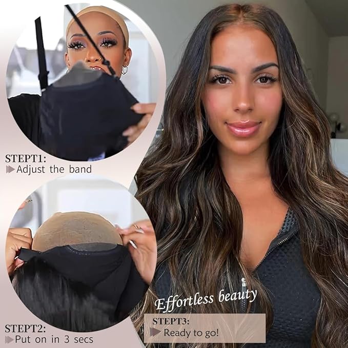 30 Inch Synthetic Lace Front Wig, 4X1 Glueless Pre-Cut Lace Wear and GO Synthetic Wavy Wig for Women Body Wave Middle Part, Beginner-Friendly for Daily Use (Skunk Stripe Brown)