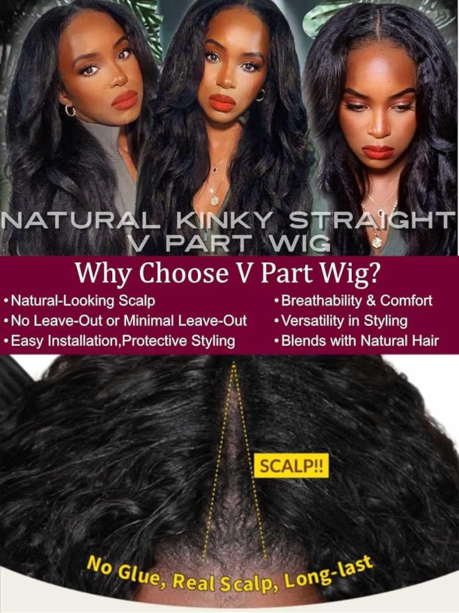 Beauty Forever V Part Wig Human Hair Kinky Straight EasiContour Vpart Wigs Upgrade U Part Wigs Glueless Full Head Clip In V Shape Wigs No Leave Out None Lace Front Wig 150% Density 16inch