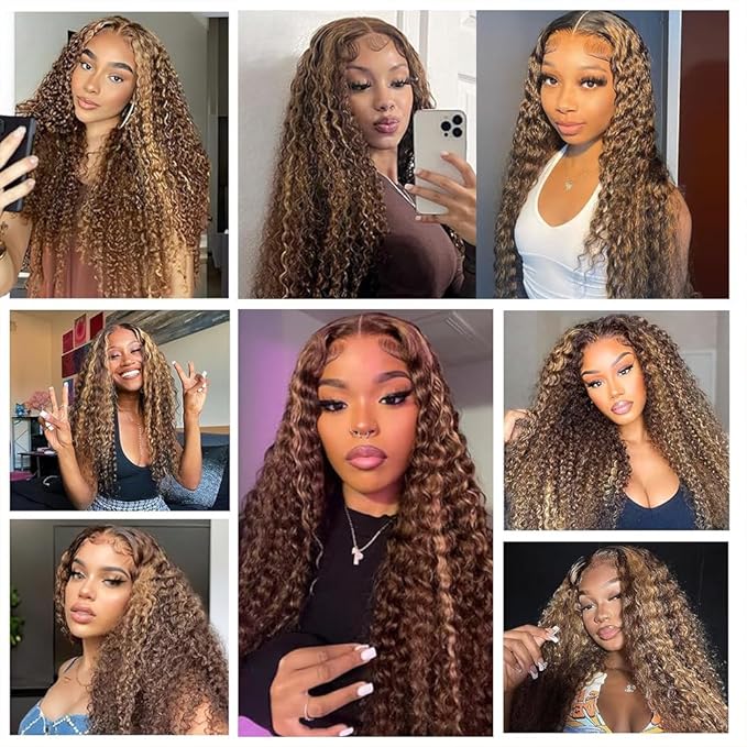 CHEETAHBEAUTY #4/27 Ombre Highlight Deep Wave 13X6 HD Transparent Lace Front Wigs Brazilian Deep Curly Human Hair Wigs for Black Women Pre Plucked with Baby Hair 250% Density(22inch)