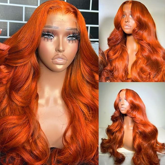 13x6 Ginger Orange Lace Front Wigs Human Hair Pre Plucked 200% Density Body Wave 13x6 HD Transparent Lace Frontal Wig Glueless 88J Colored Bralizian Virgin Human Hair Wigs for Black Women 24 inch