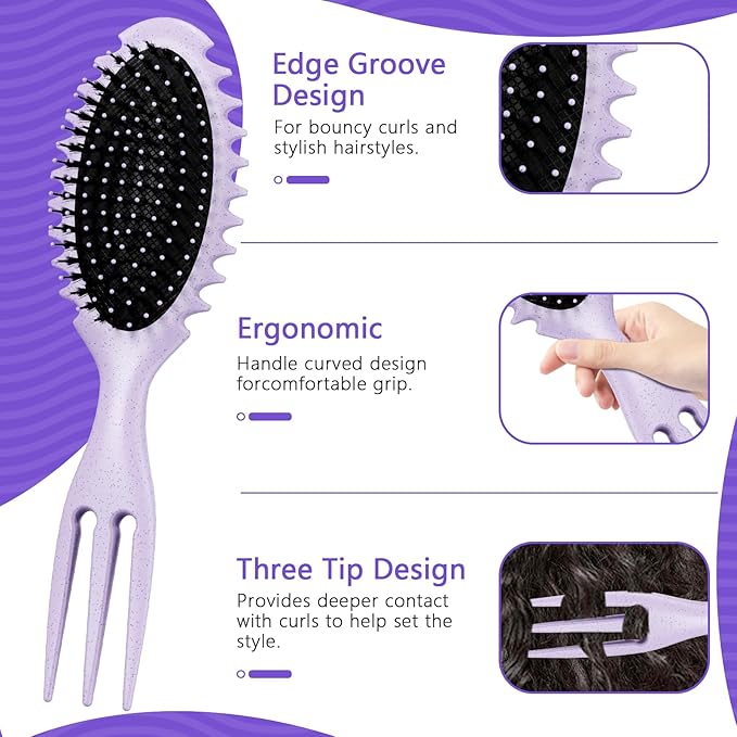 Curl Defining Hair Brush, Wet Hair Brush for Women and Men, Detangler Hairbrush for Wet & Dry, Styling Brush for Curly Hair, Shaping and Defining Curls for Long/Wavy/Damaged Hair, Purple