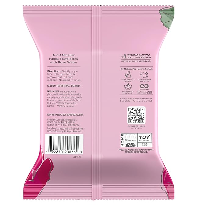 Burt's Bees Rose Water Face Wipes, for All Skin Types, Hydrating Micellar Makeup Remover & Facial Cleansing Towelettes, 30 Ct (3-Pack)