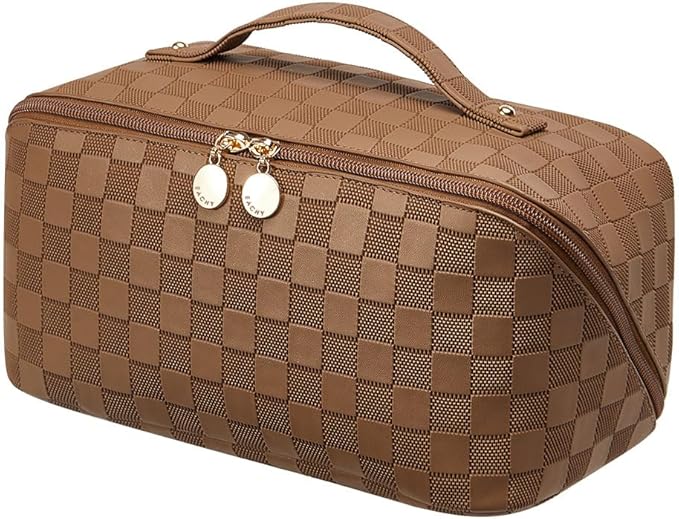 EACHY Travel Makeup Bag,Large Capacity Cosmetic Bags for Women,Waterproof Portable Pouch Open Flat Toiletry Bag Make up Organizer with Divider and Handle