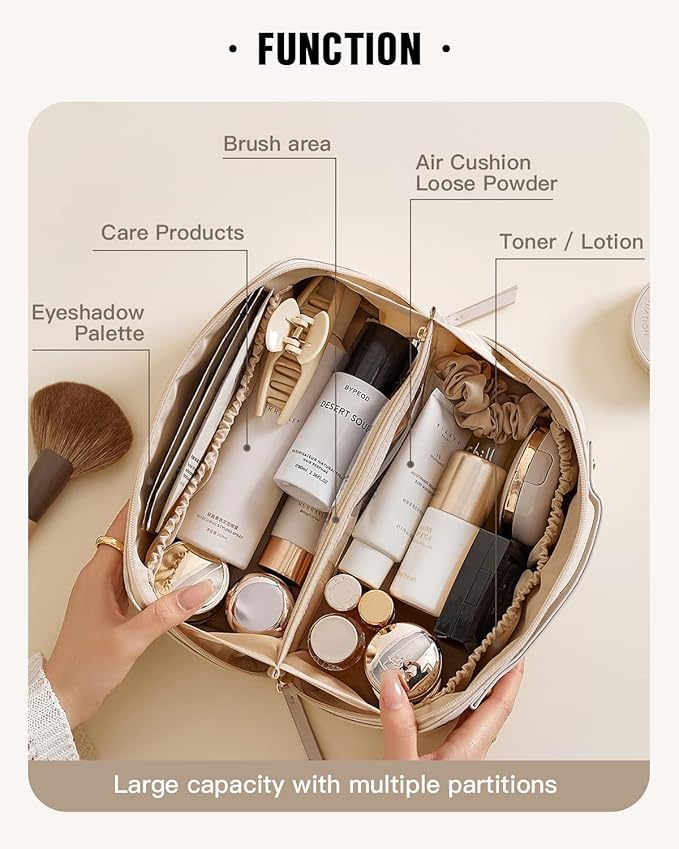 EACHY Travel Makeup Bag,Large Capacity Cosmetic Bags for Women,Waterproof Portable Pouch Open Flat Toiletry Bag Make up Organizer with Divider and Handle