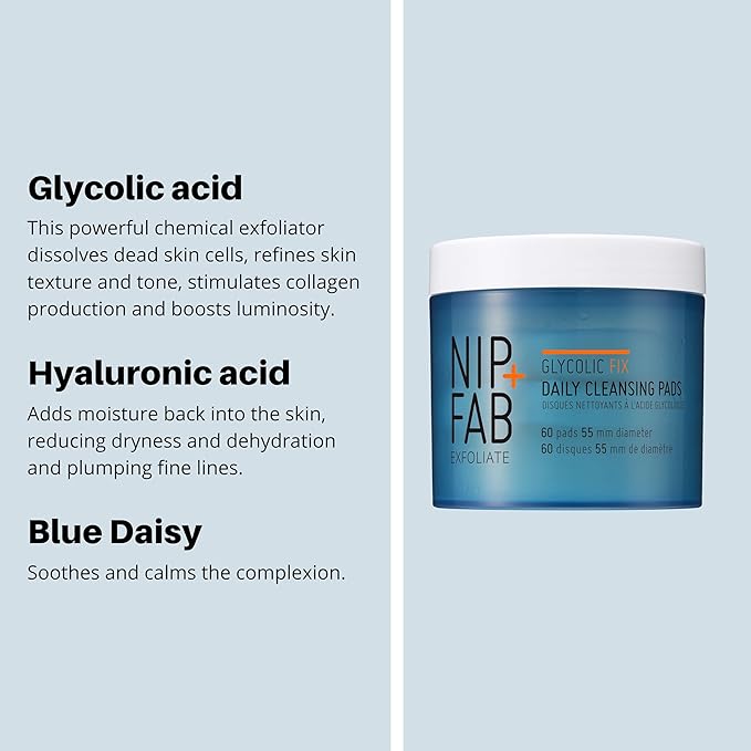 Nip + Fab Glycolic Acid Fix Daily Cleansing Pads for Face with Hyaluronic Acid, Witch Hazel, Exfoliating Resurfacing AHA Facial Cleanser for Exfoliation Even Skin Tone Brighten Skin, 60 Pads