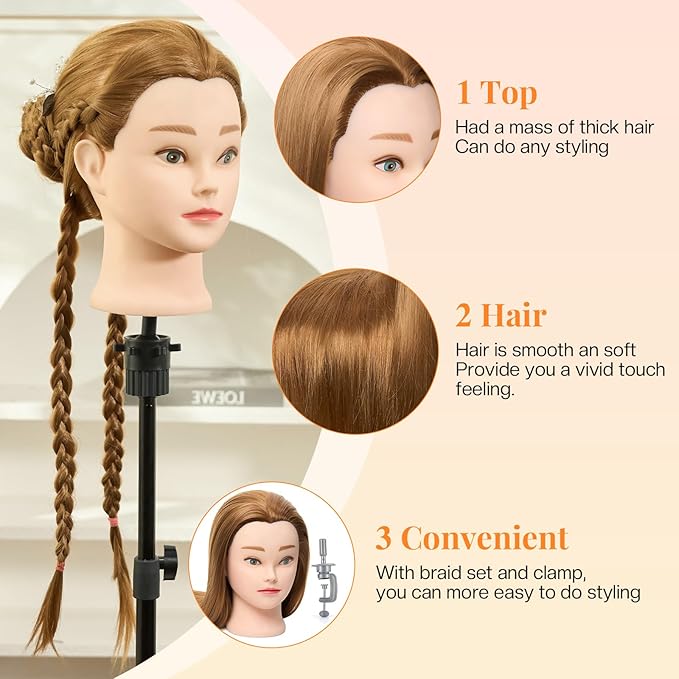 Neverland Beauty Mannequin Head, 24 Inch Cosmetology Doll for Hair Styling, Training Practice Braiding With Table Clamp and DIY Styling Set #27