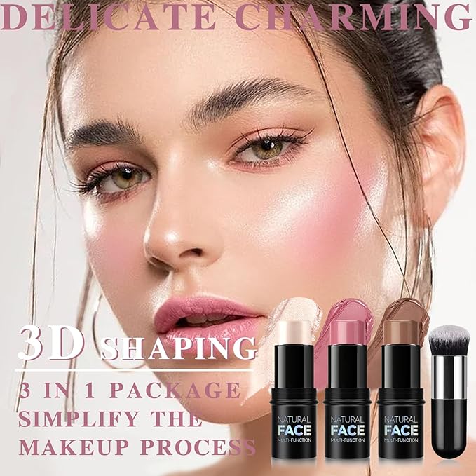 3 Pcs Cream Blush Contour Highlighter Stick for