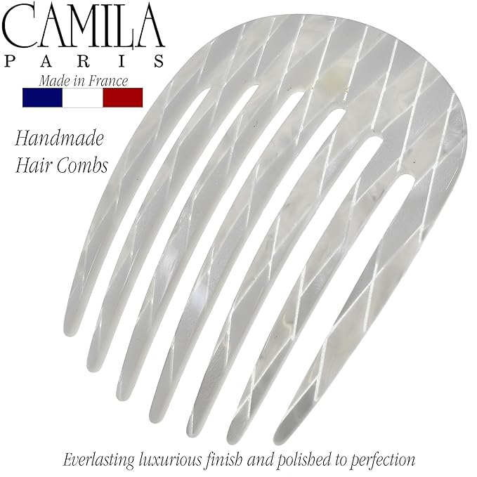 Camila Paris CP3408 French Hair Side Comb Rounded, Nacro White, Handmade French Twist Hair Combs, Strong Hold Hair Clips for Women Bun Chignon, No Slip Styling Girls Hair Accessories Made in France