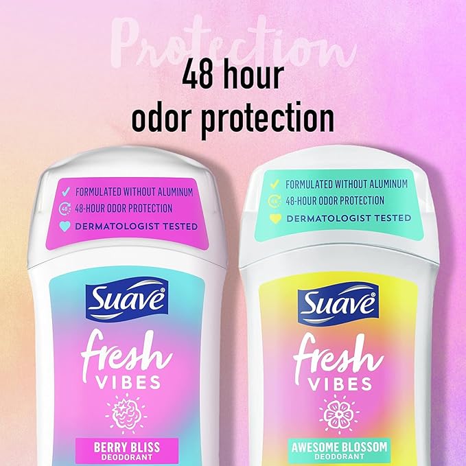 Suave Aluminum-Free Deodorant, Kids & Teen Girls – Fresh Vibes Berry Bliss & Awesome Blossom, 48H Protection, 1.2 Oz Ea