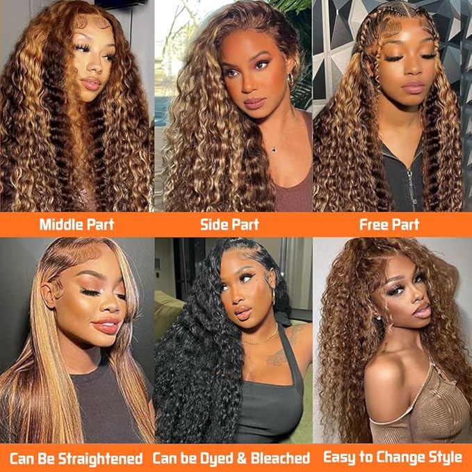 CHEETAHBEAUTY #4/27 Ombre Highlight Deep Wave 13X6 HD Transparent Lace Front Wigs Brazilian Deep Curly Human Hair Wigs for Black Women Pre Plucked with Baby Hair 250% Density(22inch)