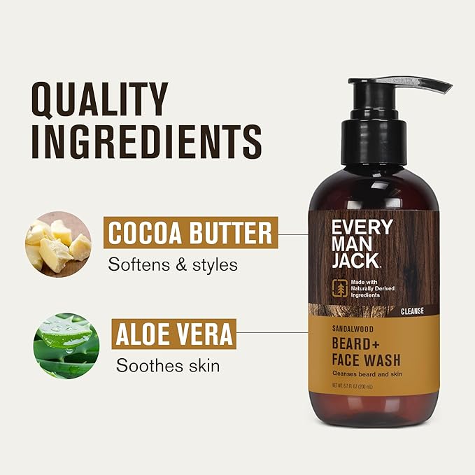 Every Man Jack Sandalwood Beard + Face Wash - Made w/Naturally Derived Ingredients like Aloe Vera & Coconut - 6.7oz (2 Pack)