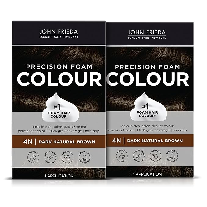 John Frieda Precision Foam Colour, Dark Natural Brown 4N, Full-coverage Hair Color Kit, Anti-Fade Gray Coverage, Deep Color Saturation Hair Dye, Pack of 2