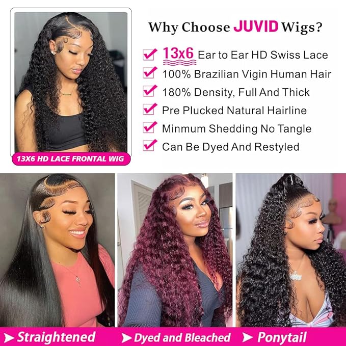 13x6 Deep Wave Lace Front Wigs Human Hair HD Lace Front Wigs Human Hair for Women Deep Curly Human Hair Wig Pre Plucked with Baby Hair 180% Water Wave Lace Front Wigs 24inch