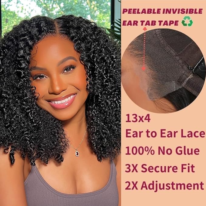 Beauty Forever Kinky Curly 13x4 Pre Everything Glueless Frontal Wig Pre Cut Lace Front Wigs Bye Bye Knots Put on and Go HD Lace Human Hair Wig Pre-Bleached Knots Pre Plucked 150% Density 16 Inch