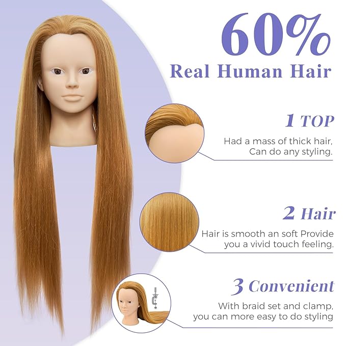 Neverland Beauty Mannequin Head with 60% Real Human Hair, 26 Inch Makeup Cosmetology Mannequin Doll Head for Hair Styling, Training Practice Braiding Manikin Head with False Eyelashes Hair Styling Set