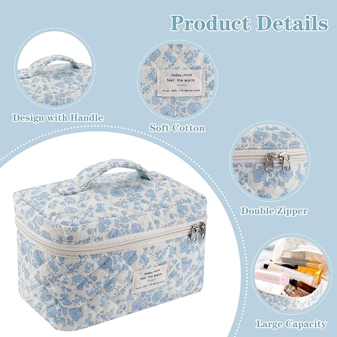 Makeup Bag, 3 Pcs Cotton Floral Quilted Makeup Bag Set, Large Toiletry Travel Cosmetic Bag for Women