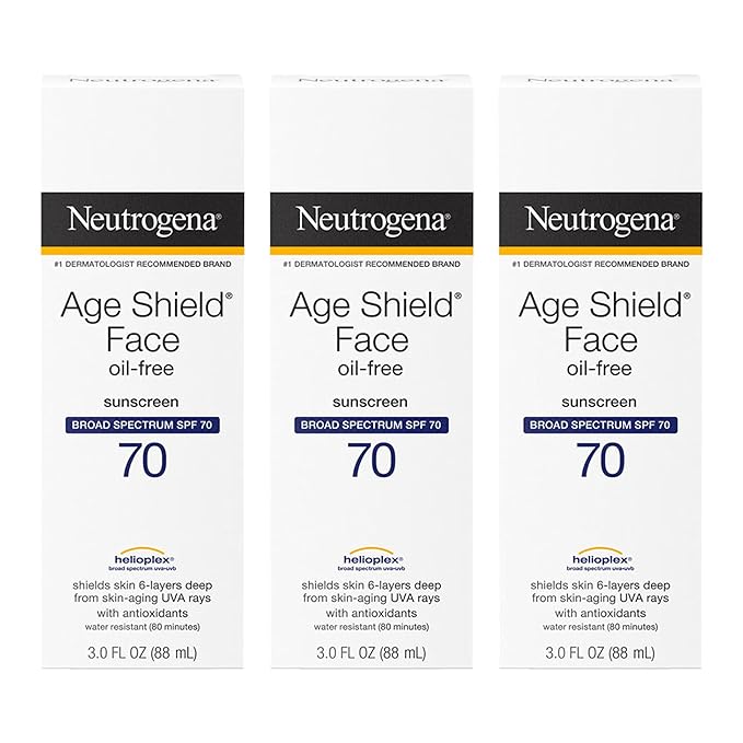 Neutrogena Age Shield Face Oil-Free Sunscreen Lotion with Broad Spectrum SPF 70, Non-Comedogenic Moisturizing Sunscreen to Help Prevent Signs of Aging, PABA-Free, 3 fl. oz (Pack of 3)