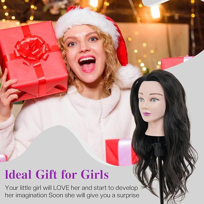 Neverland Beauty Mannequin Head with 80% Real Human Hair, 26 Inch Cosmetology Mannequin Doll Head for Hair Styling, Training Practice Braiding Manikin Head with Table Clamp, Hair Styling Set #1B