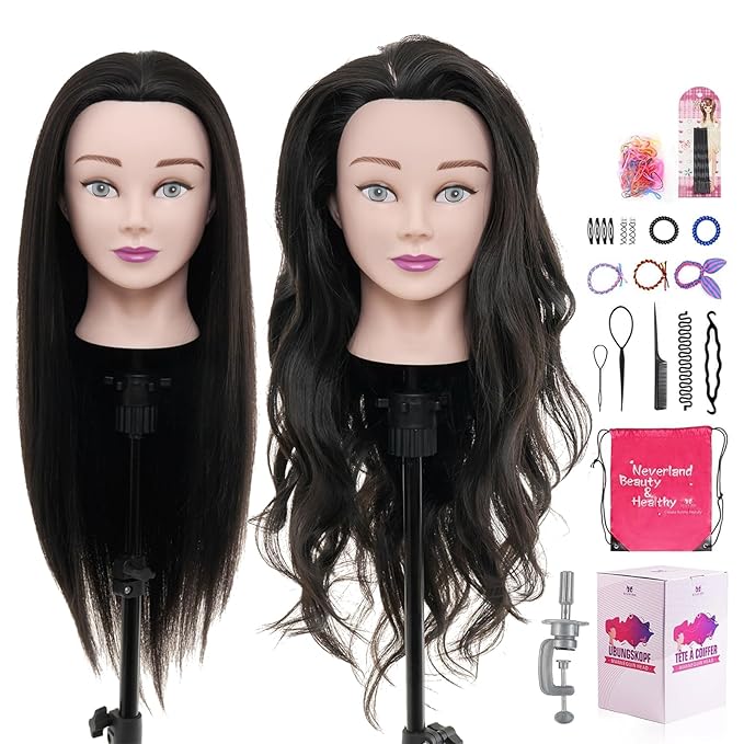 Neverland Beauty Mannequin Head with 80% Real Human Hair, 26 Inch Cosmetology Mannequin Doll Head for Hair Styling, Training Practice Braiding Manikin Head with Table Clamp, Hair Styling Set #1B