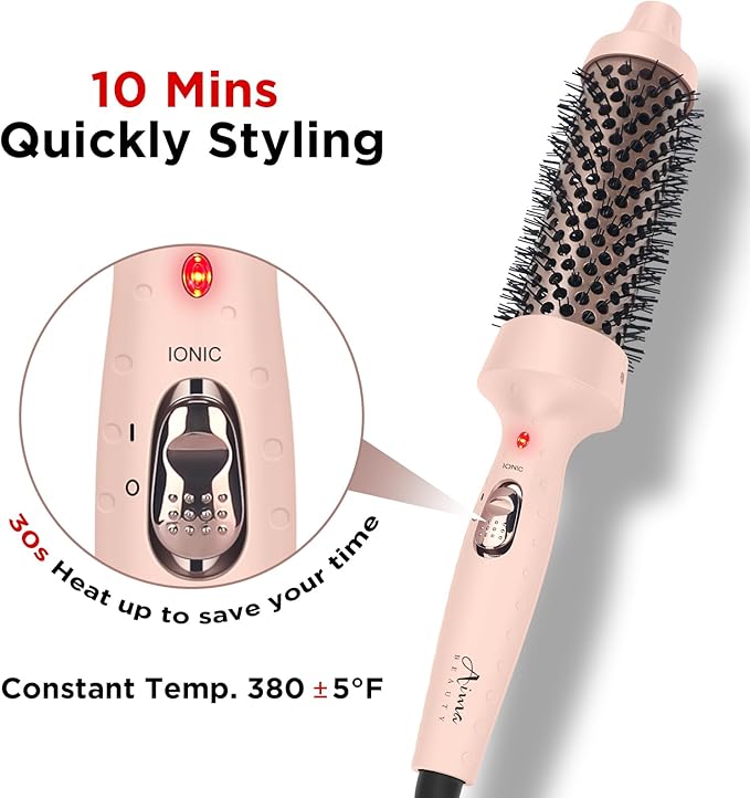 Aima Beauty Hair Curling Iron Brush, 1.5"40mm Ceramic Hot Brush with Ion Technology for Root Volume and Quick Curls - Dual Voltage & 60Mins Auto-Off, Pink