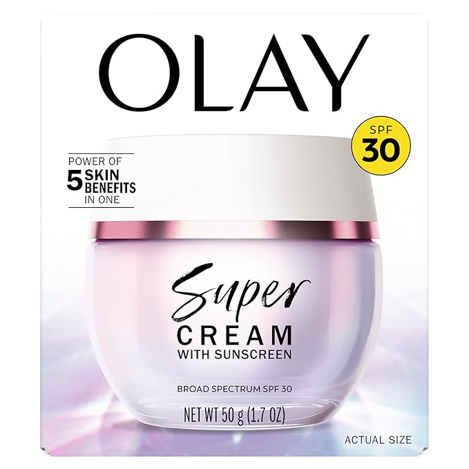 Olay Super Cream with Sunscreen SPF 30, 1.7 oz, Ultra Lightweight Face Moisturizer - Vitamin C & E, Hyaluronic Acid, Niacinamide, Collagen Peptide - Hydrate, Smooth, Brighten, Firm, and Protect