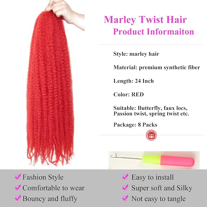 Marley Twist Braiding Hair 24 Inch 8 Packs โ Fluffy&Tangle-Free Cuban Twist Hair for Braiding, Natural Look Synthetic Long-Lasting Spring Afro Kinky Twist Hair Extensions (RED)