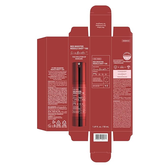VT COSMETICS Red Booster Reedle Shot 100, Microneedling Serum with Dragon’s Blood, Exosome, Soothing Relief Serum for Irritated, and Sun-Stressed Skin & Hair, Korean Skincare 1.69 fl oz (50ml)