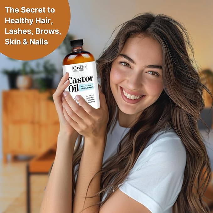 Castor Oil 100% Pure Organic Cold Pressed Unrefined Glass Bottle | USDA Certified Organic | Hexane Free Extra Virgin | For Hair Growth Eyebrows Eyelashes Skin and Castor Oil Pack Wrap | 16oz